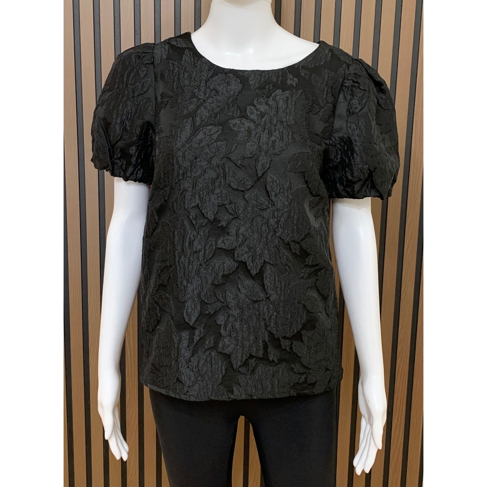 J.Crew Women's Black Floral Jacquard Puff Sleeve Tie Back Blouse Top XS